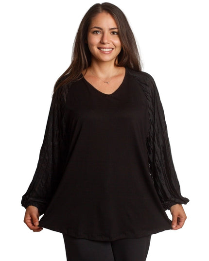 Черна свободна туника с ефирни ръкави и V - образно деколте - Maxi Market