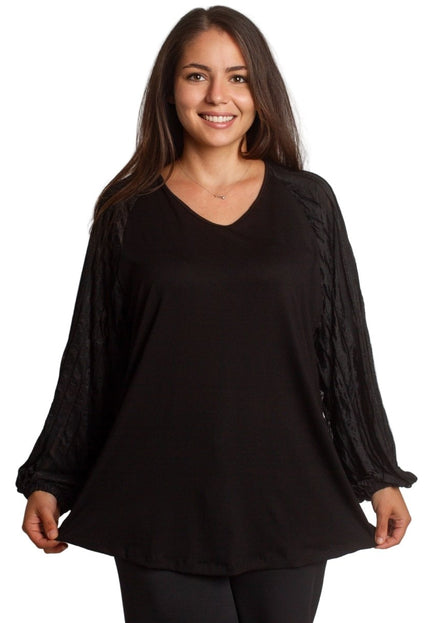 Черна свободна туника с ефирни ръкави и V - образно деколте - Maxi Market