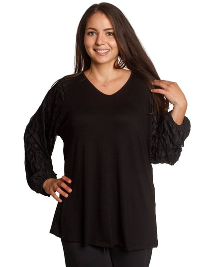 Черна свободна туника с ефирни ръкави и V - образно деколте - Maxi Market