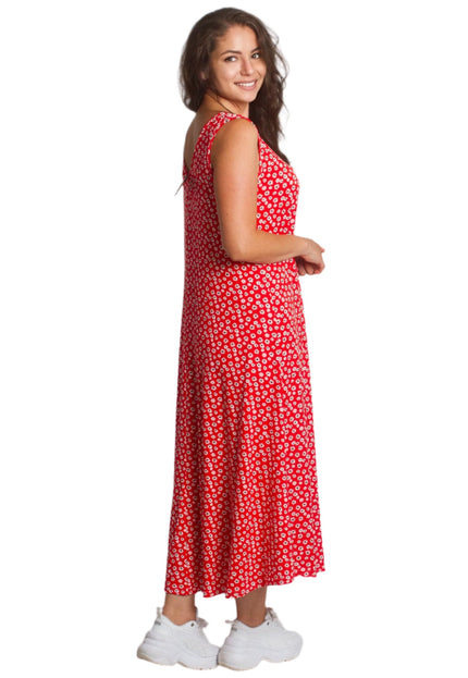 Червена дълга рокля с малки бели цветя и свободна кройка - Maxi Market
