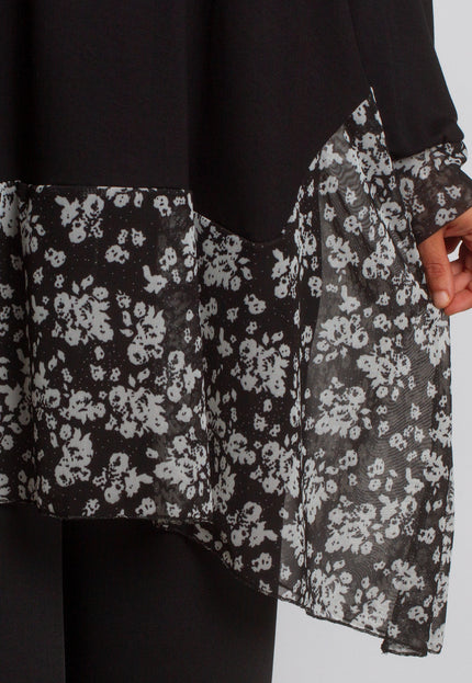 Елегантна дълга туника с флорални акценти в черно