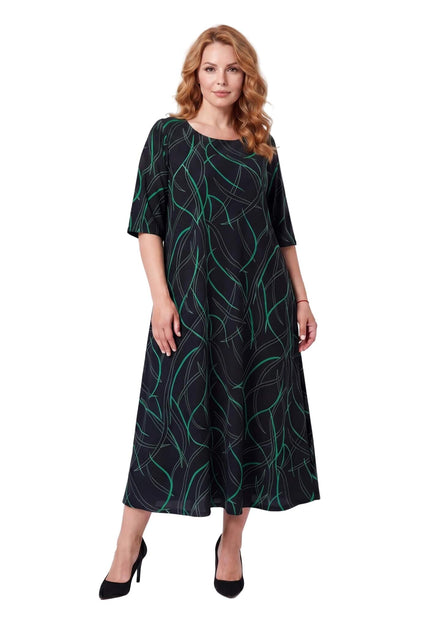 Дълга официална макси рокля с къс ръкав в черен цвят със зелен абстрактен принт, показана в цял ръст отпред на бял фон.