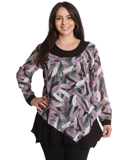 Дамска елегантна туника в черен цвят - 2XL - 5XL - Цветни ръкави от шифон - Официален модел - Произведено в България - Есен - Зима - Maxi Market
