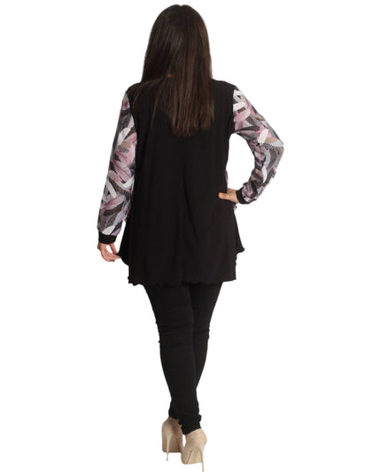 Дамска елегантна туника в черен цвят - 2XL - 5XL - Цветни ръкави от шифон - Официален модел - Произведено в България - Есен - Зима - Maxi Market