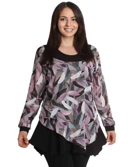 Дамска елегантна туника в черен цвят - 2XL - 5XL - Цветни ръкави от шифон - Официален модел - Произведено в България - Есен - Зима - Maxi Market
