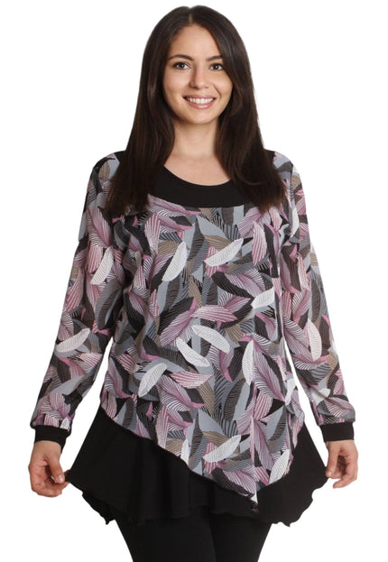 Дамска елегантна туника в черен цвят - 2XL - 5XL - Цветни ръкави от шифон - Официален модел - Произведено в България - Есен - Зима - Maxi Market