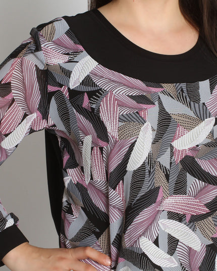 Дамска елегантна туника в черен цвят - 2XL - 5XL - Цветни ръкави от шифон - Официален модел - Произведено в България - Есен - Зима - Maxi Market