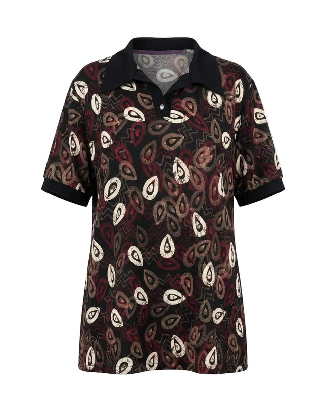 Дамска официална туника в черен цвят с принт на листа и ефектна яка, заснета като плосък кадър.