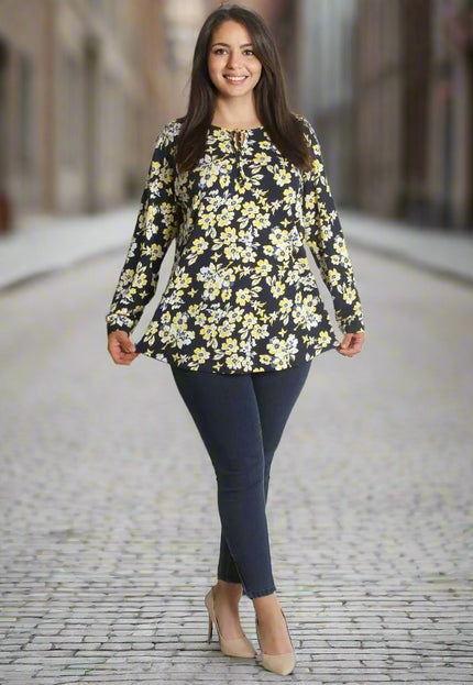 Дамска Тъмносиня Туника с Цветя - Есенно - Зимен Стил - Maxi Market