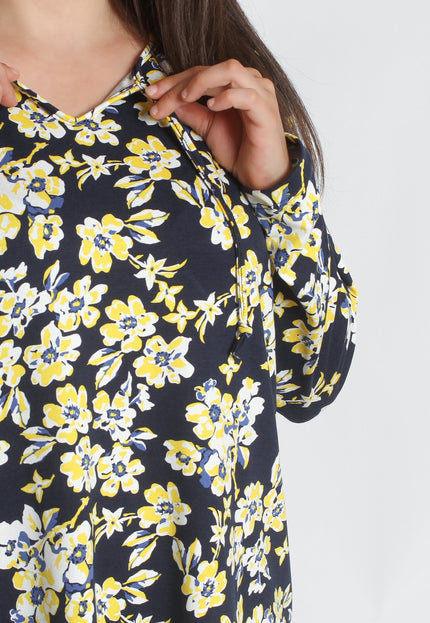 Дамска Тъмносиня Туника с Цветя - Есенно - Зимен Стил - Maxi Market