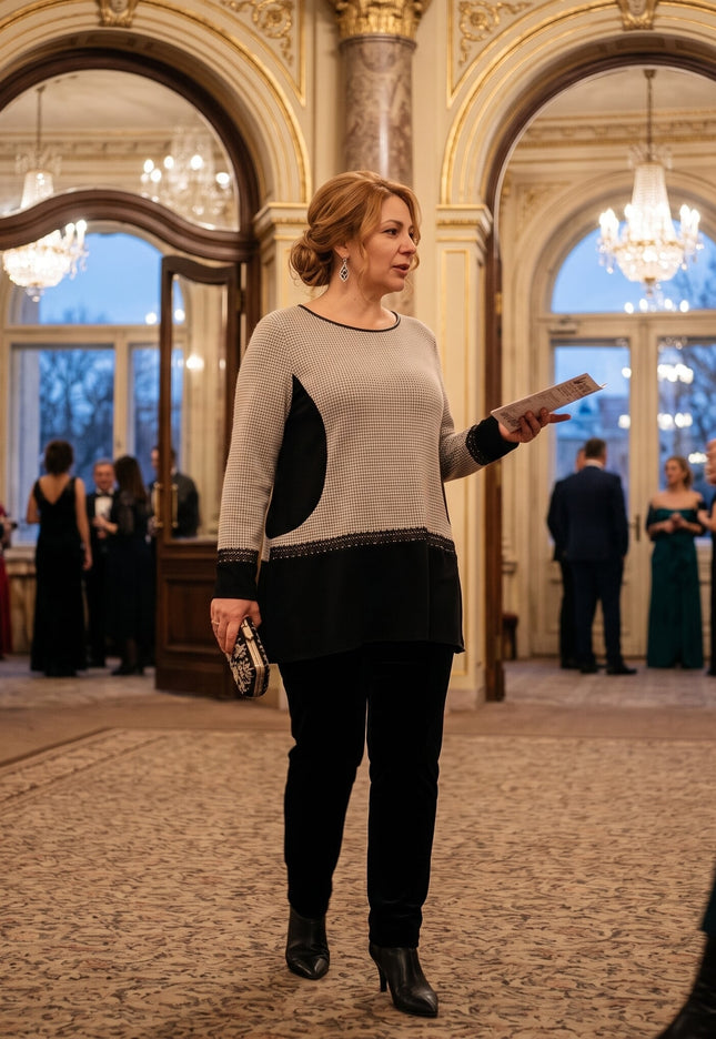 Жена с къса светла коса носи туника с дребен черно-бял десен, черни панели и кант; държи лист и малка шарена чантичка в богато украсен интериор.