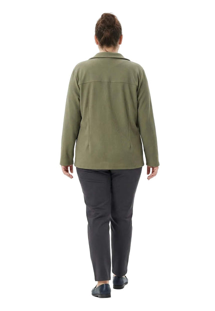 Сако от дамски комплект в цвят каки, изглед отзад в цял ръст, показващ релефната текстура на материята и кройката на гърба.