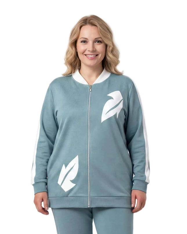 Дамски макси комплект от две части в светлозелено с бели мотиви от еко кожа, поглед отпред на горнището.