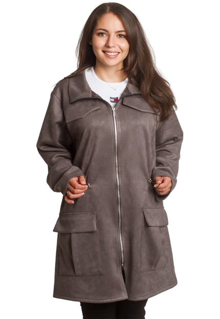 Дамско яке с джобове и връзка на талията в сив цвят - Maxi Market