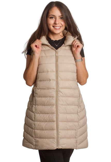 Дълъг елек с качулка и джобове в бежов цвят в макси размери - Maxi Market