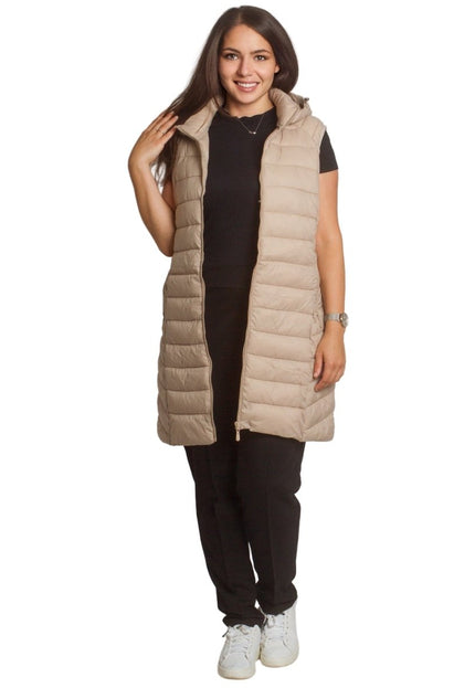 Дълъг елек с качулка и джобове в бежов цвят в макси размери - Maxi Market