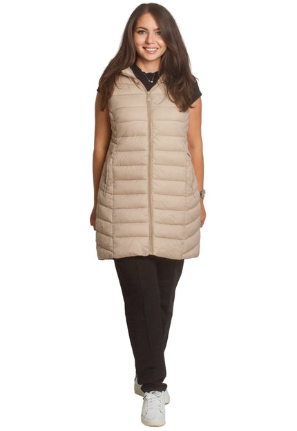 Дълъг елек с качулка и джобове в бежов цвят в макси размери - Maxi Market