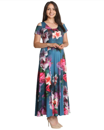 Дълга рокля с красиви цветя - Открити рамене - 3XL, 4XL - Пролет - Лято - Maxi Market