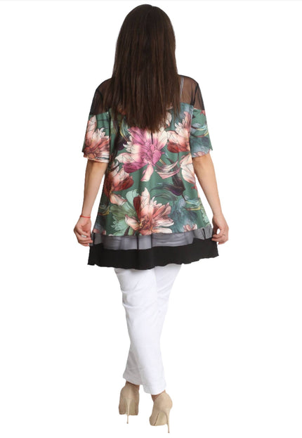 Дълга туника с тюл - Флорален десен - 3XL, 4XL, 5XL, 6XL - Пролет - Лято - Maxi Market