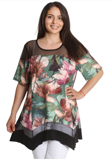 Дълга туника с тюл - Флорален десен - 3XL, 4XL, 5XL, 6XL - Пролет - Лято - Maxi Market