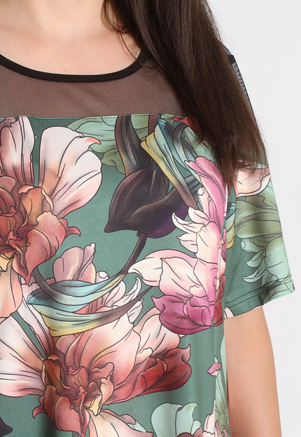 Дълга туника с тюл - Флорален десен - 3XL, 4XL, 5XL, 6XL - Пролет - Лято - Maxi Market