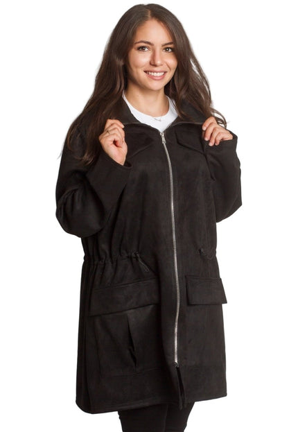 Дълго яке с джобове и връзка на талията в черен цвят - Maxi Market