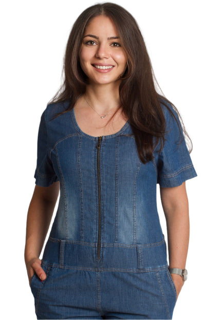 Дънков дамски гащеризон с цип и джобове в големи размери - Maxi Market