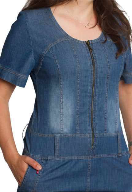 Дънков дамски гащеризон с цип и джобове в големи размери - Maxi Market