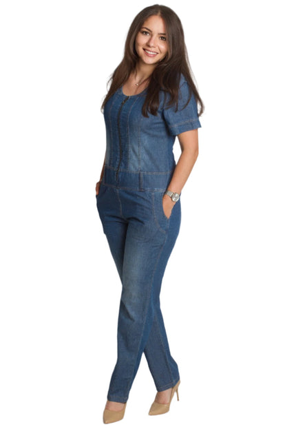 Дънков дамски гащеризон с цип и джобове в големи размери - Maxi Market