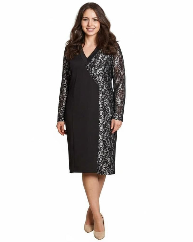 Официална черна рокля с флорален десен и V-образно деколте