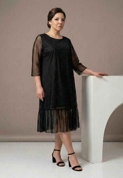 Официална разкроена макси рокля в черно от шифон с камъни и 7/8 ръкави