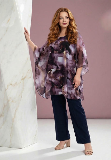 Официална макси туника тип пончо в лилави нюанси с ефирен шифон