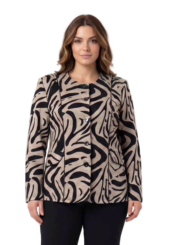 Официално дамско макси сако в бежово с ефектен десен и обло деколте