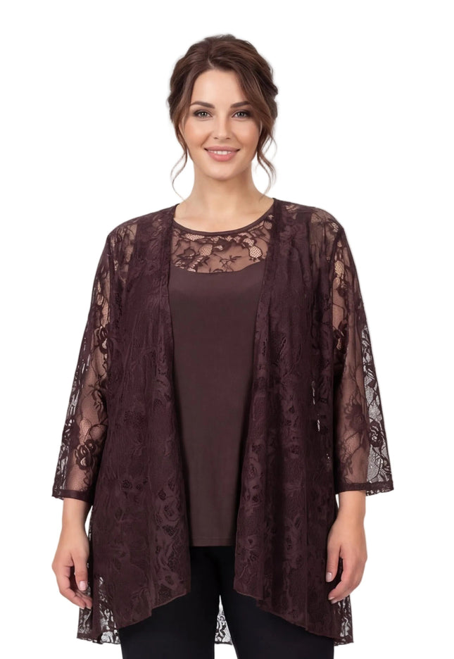 Официален кафяв дамски сет от две части с флорална дантела големи размери