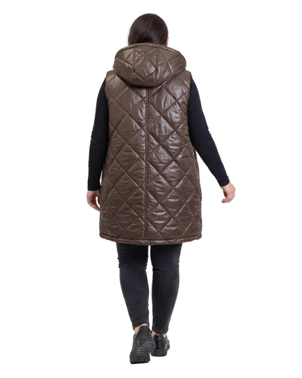 Шоколадово кафяв дълъг ватиран елек с качулка