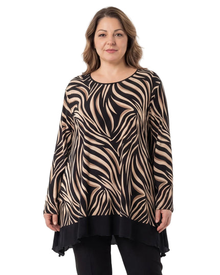 Елегантна асиметрична туника с вълнообразен десен в черно и капучино - големи размери