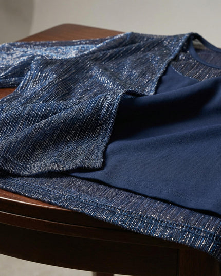 Елегантен официален дамски комплект с туника и жилетка в тъмносиньо с блясък