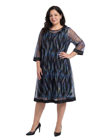 Официална макси рокля с ефект две части, шифон и еко кожа в тъмносиньо