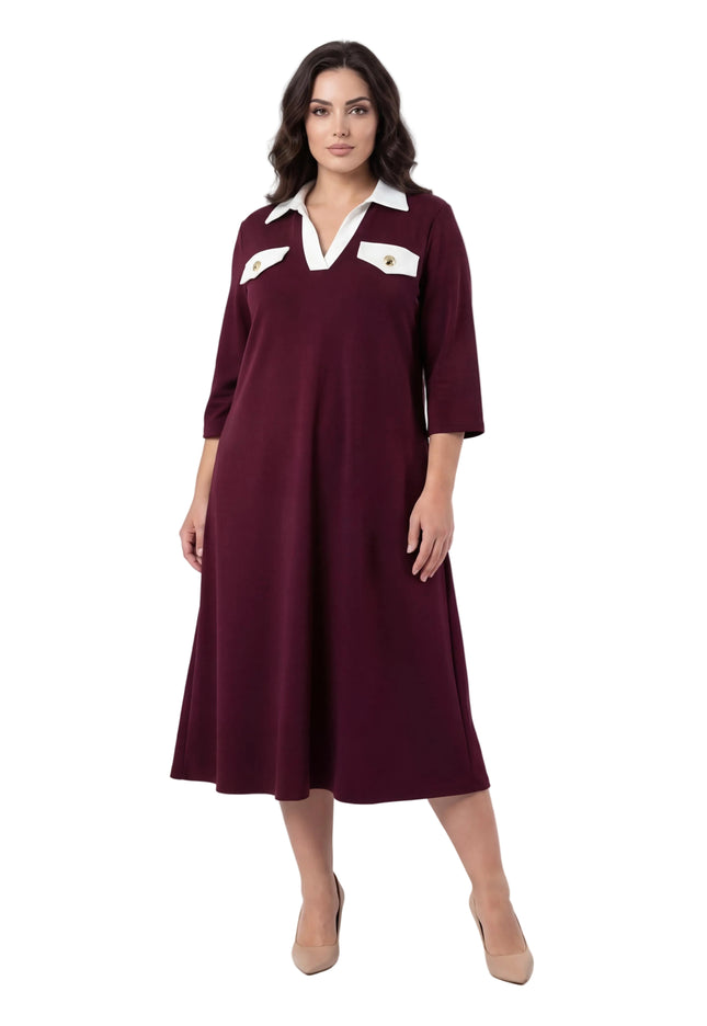 Официална разкроена рокля големи размери в цвят бордо