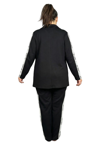 Черен ежедневен дамски комплект от две части сако и панталон големи размери