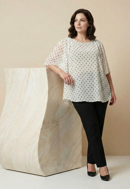 Официална бяла макси туника на черни точки от шифон