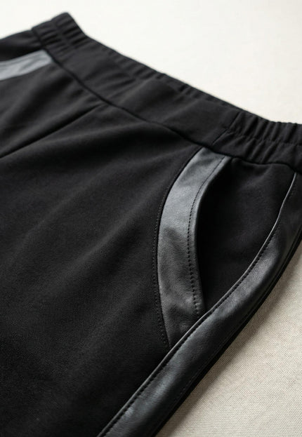 Официален черен панталон с кант от еко кожа големи размери