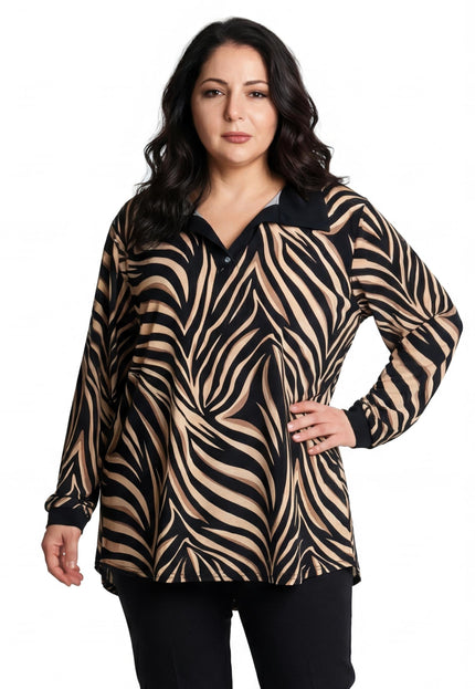 Елегантна макси туника с яка и зебра принт в черно и бежово – големи размери