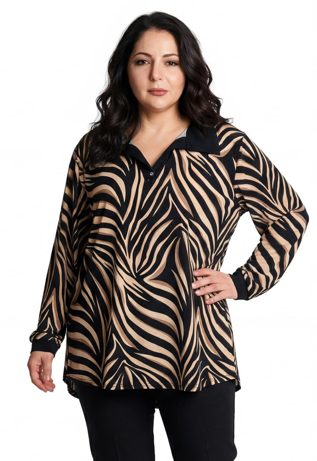 Елегантна макси туника с яка и зебра принт в черно и бежово – големи размери