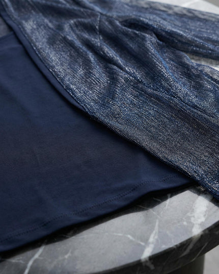 Елегантен официален дамски комплект с туника и жилетка в тъмносиньо с блясък