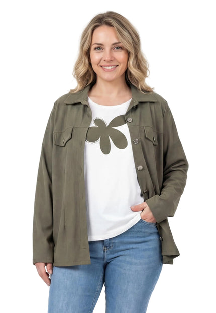 Дамски комплект от две части с тениска с щампа и сако каки