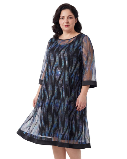 Официална макси рокля с ефект две части, шифон и еко кожа в тъмносиньо