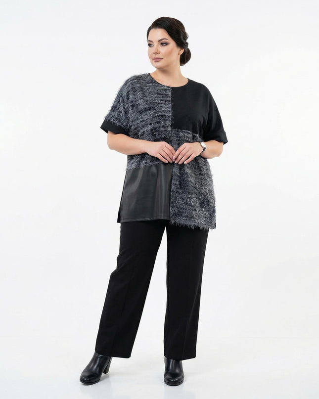 Елегантна черна туника с релефна текстура и кожен панел