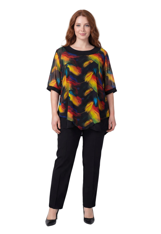 Официална макси туника с асиметричен пъстър шифон в черно