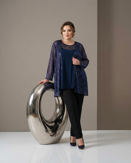 Елегантен официален дамски комплект с туника и жилетка в тъмносиньо с блясък